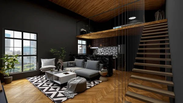 Moderno Loft Salón Interior Con Pared Gris Oscuro Suelo Madera — Foto de Stock
