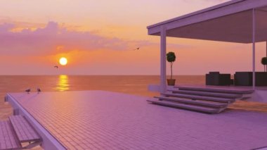 Açık deniz kıyısı ahşap balkon güvertesi ve gün batımında güzel deniz manzarası.