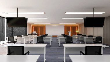 Sunum ve tavan TV monitörleri için geniş eğri ekran ekranlı büyük modern ofis eğitim odasının içi, 3D görüntüleme