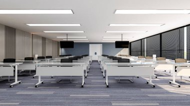 Sunum ve tavan TV monitörleri için geniş eğri ekran ekranlı büyük modern ofis eğitim odasının içi, 3D görüntüleme