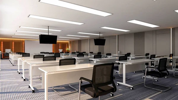 大型现代办公训练室的内部配备大型弧形显示屏 用于演示和天花板电视显示器 3D渲染 — 图库照片