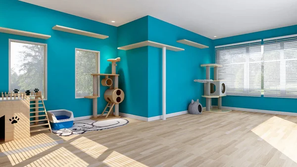 Interior Habitación Del Gato Pared Azul Con Casa Del Gato — Foto de Stock