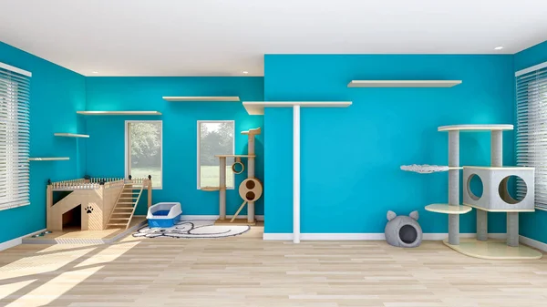 猫の家と猫のコンドミニアム 猫のために設計された部屋 3Dレンダリングと青の壁の猫の部屋のインテリア — ストック写真