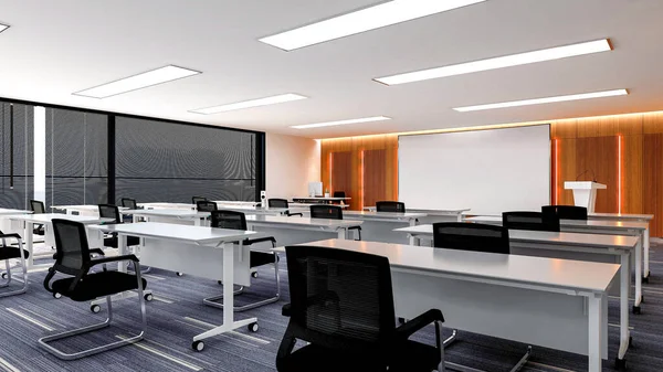 大型现代办公训练室的内部配备大型弧形显示屏 用于演示和天花板电视显示器 3D渲染 — 图库照片