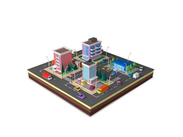 等距卡通低矮城市景观 3D渲染 — 图库照片