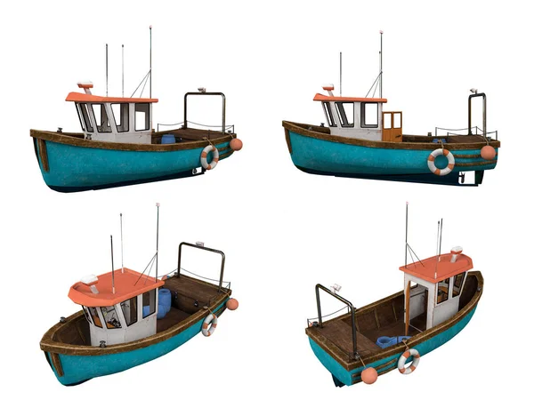 Cartoon low poly fishing ship set on white background, Clipping Path, 3d rendering