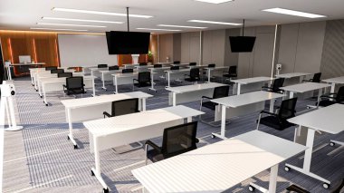 Sunum ve tavan TV monitörleri için geniş eğri ekran ekranlı büyük modern ofis eğitim odasının içi, 3D görüntüleme