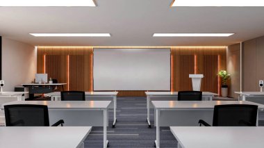 Sunum ve tavan TV monitörleri için geniş eğri ekran ekranlı büyük modern ofis eğitim odasının içi, 3D görüntüleme