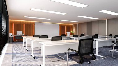 Interior of large modern office training room with large curved monitor screen for presentation and  ceiling TV monitors, 3D rendering clipart