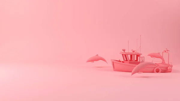 Zeilen Met Vissersboot Dolfijnen Voorop Rendering — Stockfoto