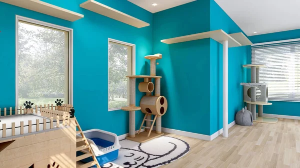 Katzenzimmer Innenraum Blauer Wand Mit Katzenhaus Und Katzenwohnung Raum Für — Stockfoto