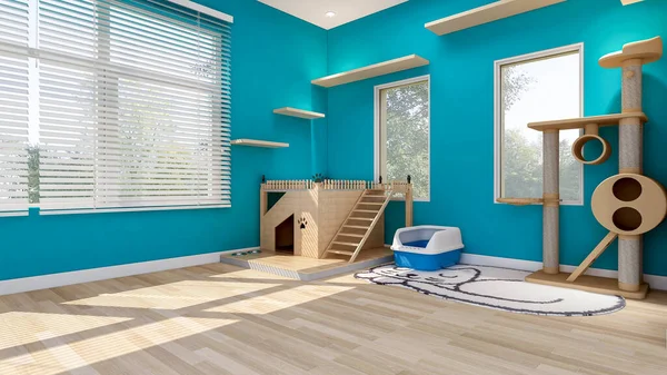 Interior Kamar Kucing Dinding Biru Dengan Rumah Kucing Dan Kondominium — Stok Foto