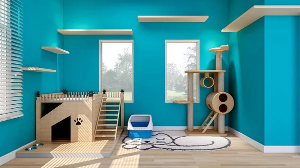 Interior Kamar Kucing Dinding Biru Dengan Rumah Kucing Dan Kondominium — Stok Foto