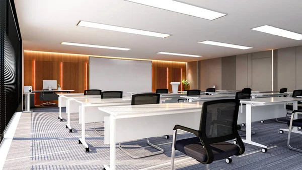 Interior Grande Sala Treinamento Escritório Moderno Com Grande Tela Monitor — Fotografia de Stock