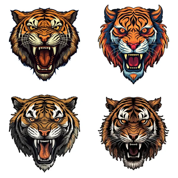 Angry Tiger Head Set Vector Illustration — Stock Vector