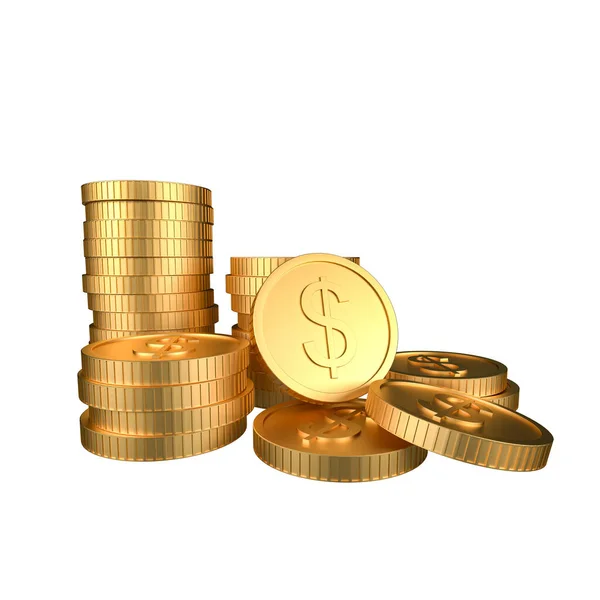 Hromada Zlatých Peněz Mince Bílém Pozadí Rendering — Stock fotografie
