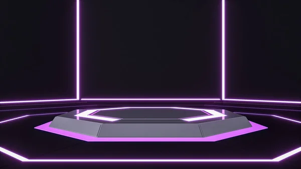 Futuristische Science Fiction Technologie Leerer Plattformsockel Mit Violett Leuchtenden Neonlichtern — Stockfoto