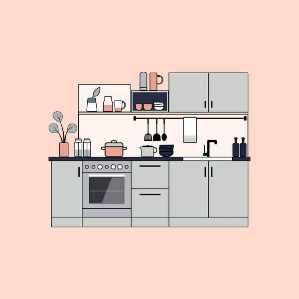 Ilustración Plana Del Interior Cocina Moderna Con Muebles Electrodomésticos Utensilios — Vector de stock