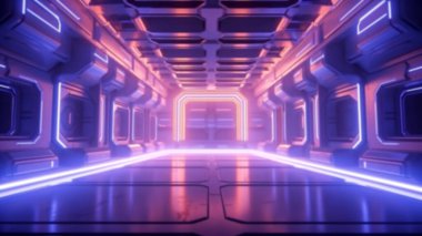 Fütürist mimarinin bulanık arka planı bilim kurgu koridoru ve neon ışıklı koridor tüneli