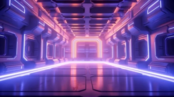 Zamazane Tło Futurystycznej Architektury Korytarza Sci Tunelu Korytarza Światłami Neonowymi — Zdjęcie stockowe