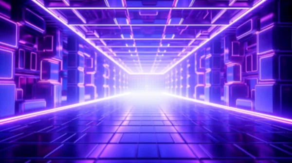 Blurry Background Futuristic Architecture Sci Hallway Corridor Tunnel Neon Lights — Stock Photo, Image