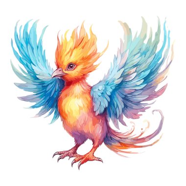 Renkli Genç Efsanevi Anka Kuşu, Suluboya Boyama Stili, vektör çizimi
