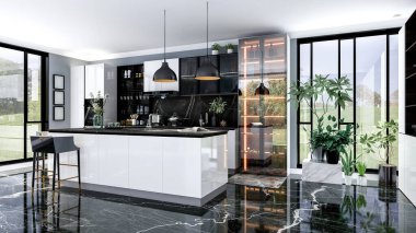 Siyah modern ve lüks mutfak odası. Mutfak adası ve siyah mermer döşemeli, 3D döşemeli. 