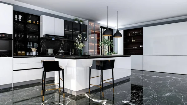 Schwarzer Moderner Und Luxuriöser Küchenraum Mit Kücheninsel Und Schwarzem Marmorboden — Stockfoto
