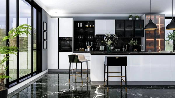 Negro Moderno Lujoso Elegante Cocina Interior Con Isla Cocina Suelo — Foto de Stock