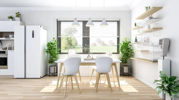 White Modern Contemporary Stylish Kitchen Room Interior Rendering — Stock Photo, Image