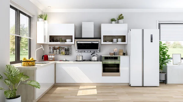 ホワイトモダンなモダンなスタイリッシュなキッチンルームインテリア 3Dレンダリング — ストック写真