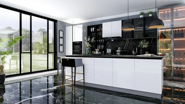 Preto Moderno Luxuoso Elegante Sala Cozinha Interior Com Ilha Cozinha — Fotografia de Stock