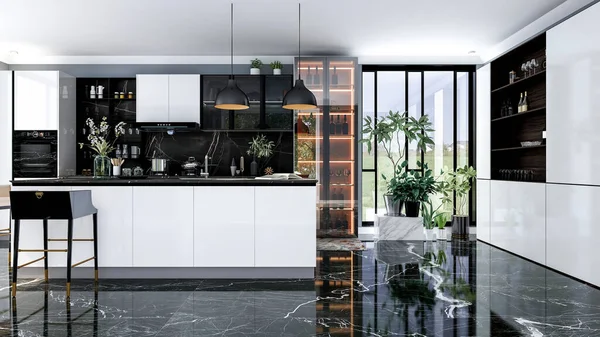 Černý Moderní Luxusní Stylový Interiér Kuchyně Kuchyňským Ostrovem Černou Mramorovou — Stock fotografie