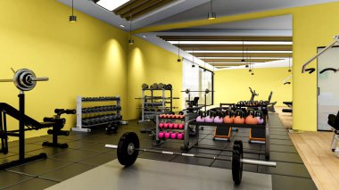 Spor ve spor aletleri ile modern spor salonu iç mimarisi, fitness merkezi iç mimarisi, 3D rendering