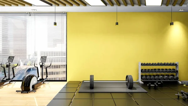 Modern gym interior with sport and fitness gym equipments, fitness center interior, 3D Rendering
