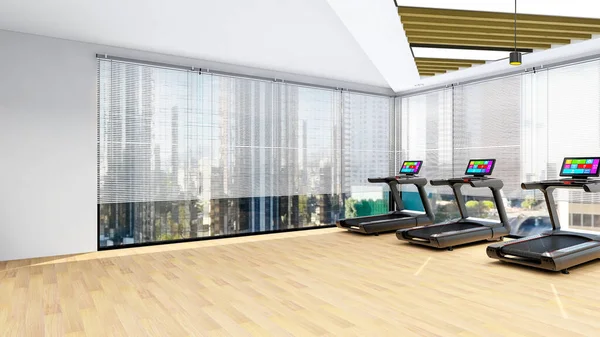 具有运动和健身设备的现代体育馆内部 健身中心内部 3D渲染 — 图库照片