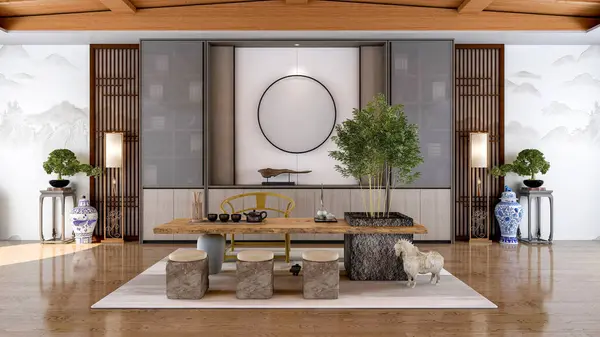 Interieur Des Traditionellen Chinesischen Wohnzimmers Mit Möbeln Und Holzboden Rendering — Stockfoto