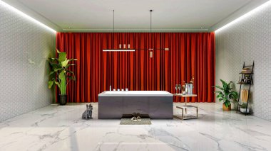 Modern ve lüks banyo içi mermer döşemeli döşemeli ve küvetli, 3D döşemeli
