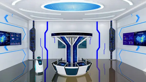 Futurystyczne Wnętrze Korytarza Sci Biurkiem Informacyjnym Inteligentnym Robotem Monitorem Ścianie — Zdjęcie stockowe