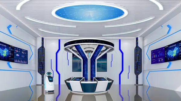 Intérieur Futuriste Couloir Science Fiction Avec Bureau Information Robot Intelligent — Photo