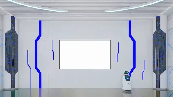 Футуристический Sci Hallway Interior Умным Роботом Экраном Монитора Стене Рендеринг — стоковое фото