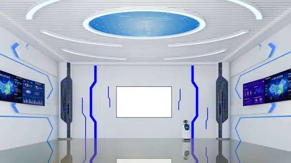 Futuriste Sci Hall Intérieur Avec Robot Intelligent Écran Moniteur Sur — Photo
