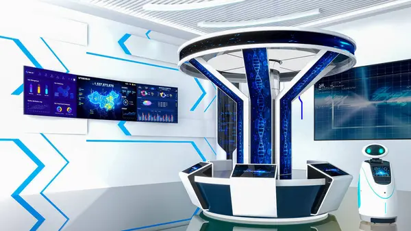 Futurystyczne Wnętrze Korytarza Sci Biurkiem Informacyjnym Inteligentnym Robotem Monitorem Ścianie — Zdjęcie stockowe