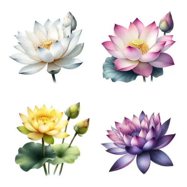 Aquarelle Botanique Style Peinture Fleurs Lotus Différentes Couleurs Illustration Vectorielle — Image vectorielle