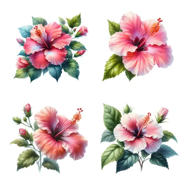 Pembe Hibiscus Çiçeklerinin Botanik Suluboya Stili Vektör Resimleri — Stok Vektör