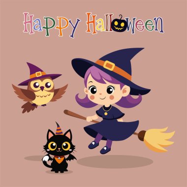 Cadılar Bayramı kostümü içinde siyah kedi ve baykuşla süpürgeye binen sevimli küçük cadı Cadılar Bayramın kutlu olsun, vektör illüstrasyonu..