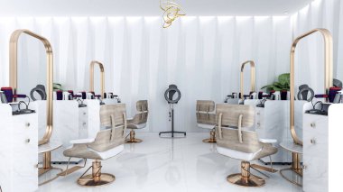 Modern Lüks Güzellik Salonu İçi Mermer ve Altın Aksanlı, 3D