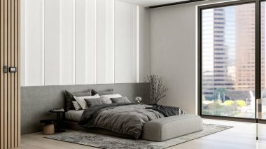 Şehir Görünümü ve Konforlu İç Tasarımı ile Modern Minimalist Yatak Odası İçi, 3D Hazırlama