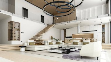 Açık Alan Oturma Odası ve Mutfağı, 3D Yapılandırmalı Lüks Modern Çatı