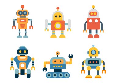 Şirin Renkli Çizgi Robot Seti, Düz Tasarım Vektör Çizimi